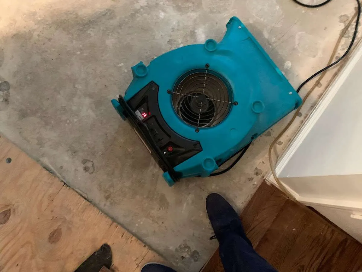 Air mover drying subfloor during Leak Detection & Repair in Bangor